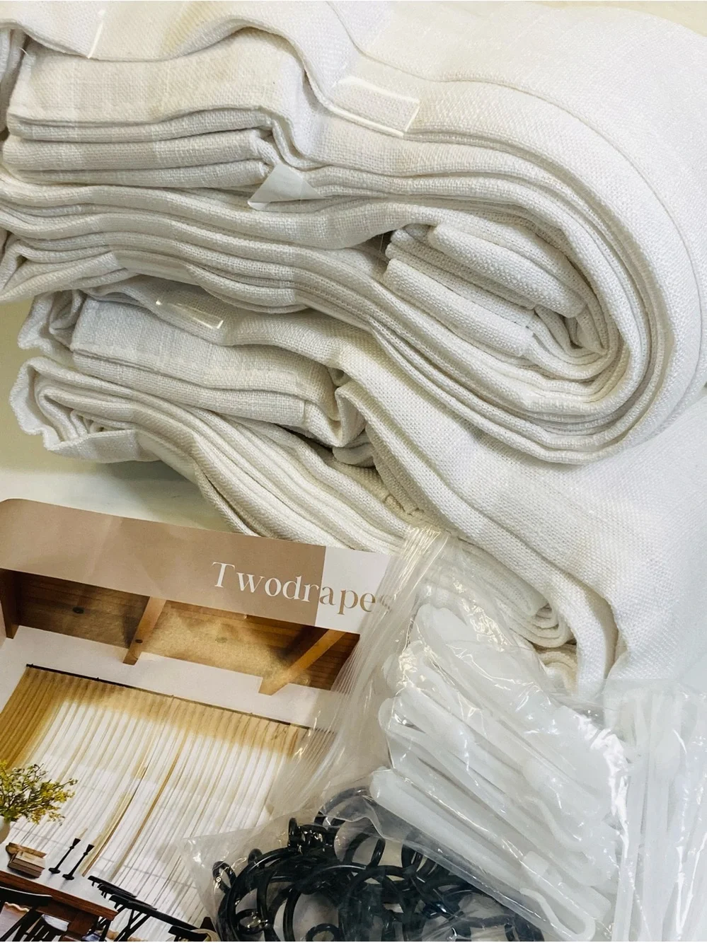 NEW Twodrapes White Pinch Pleated Linen Curtains Beige White 40” x 84” 2 Panels